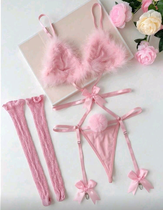 PetitDoll Ensemble 2 Ps de Collant De Corps en maille sexy avec nœud en fourrure et bas résille shein