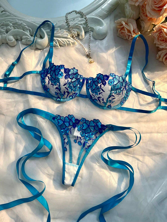 Ensemble 2 ps bleu ciel brodé à nouer shein