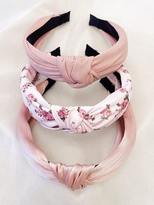 3 pièces/set Bandeau en tissu floral de couleur unie rose, bleu, vert mignon shein