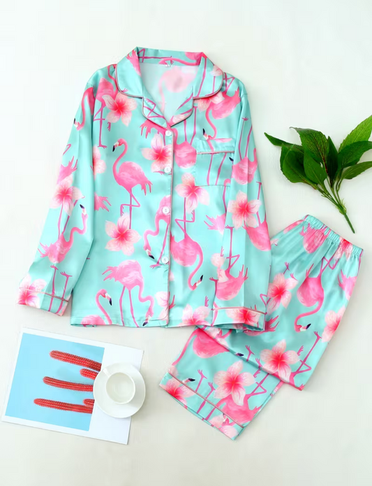 Pyjamas en satin doux flamingo