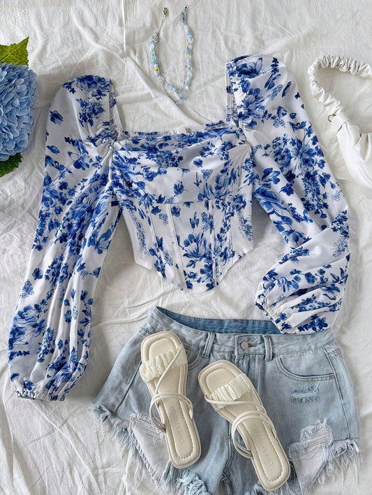 Blouse à manches longues asymétrique bleu et blanc