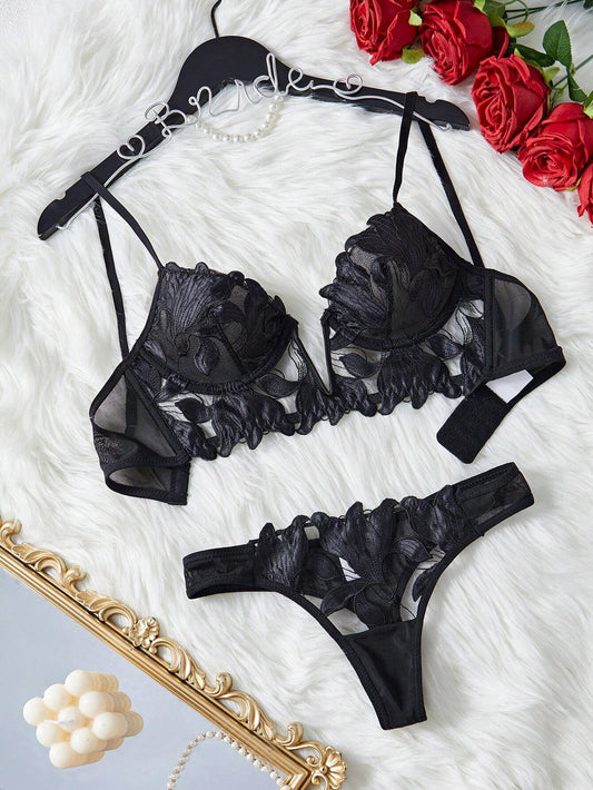 Ensemble 2 Ps soutien-gorge et culotte noirs français classiques en forme de V shein