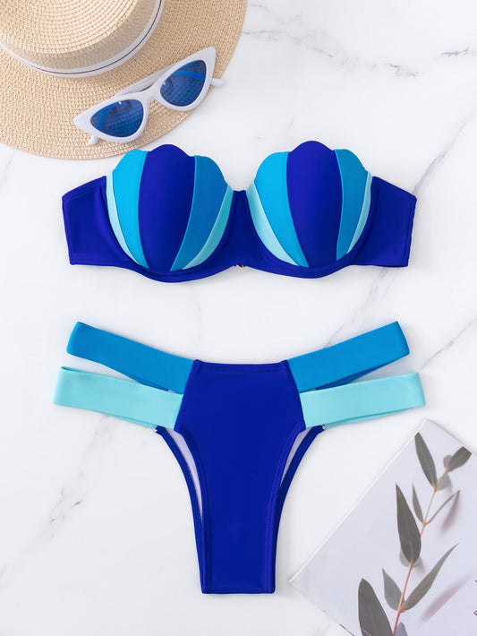 SHEIN Swim Bikini push-up avec bord festonnée, blocs de couleurs de plage d'été