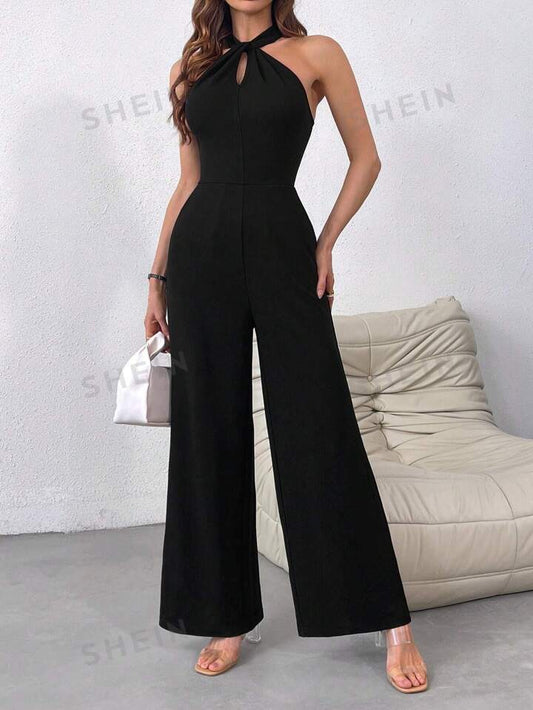 SHEIN Privé Women's New Spring And Summer Elegant Commuting, Daily Outings And Dates At Work, Sleeveless Knitted Halterneck Black Jumpsuit