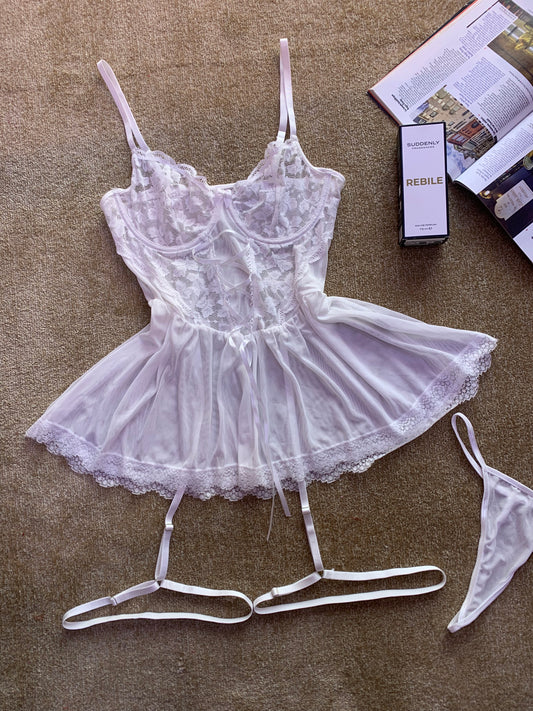 3 pièces Robe de lingerie avec laçage avant, panneau en dentelle et armature