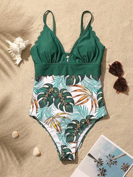 SHEIN Swim Maillot De Bain Une Pièce À Imprimé Tropical Festonné