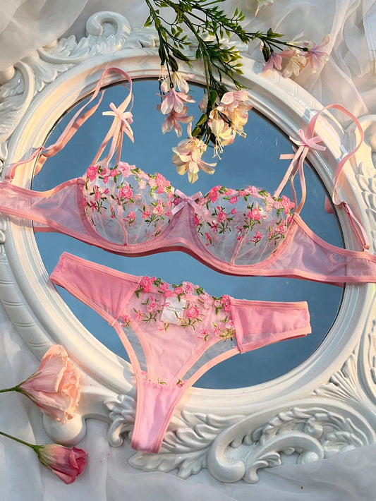 2 pièces Ensemble de lingerie sexy comprenant un soutien-gorge et un slip en maille avec broderie florale rose romantique et mignonne shein