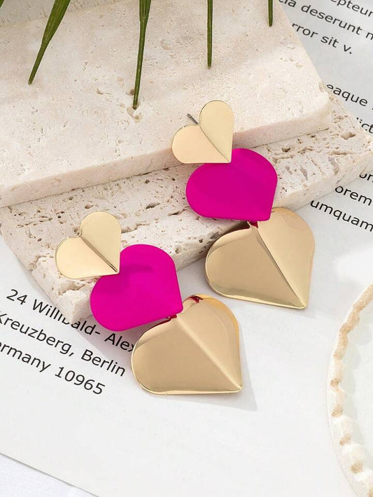 1pair Trendy Valentine's Day Metallic Rose Pink Heart Shaped Pendant Earrings For Women, Dating Gift