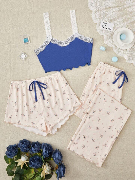 Pyjama 3 ps flowers Bleu SHEIN