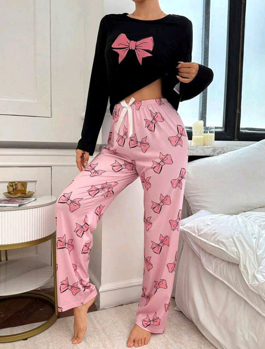 Pyjama d'hiver à manches longues avec imprimé nœud de bande dessinée SHEIN