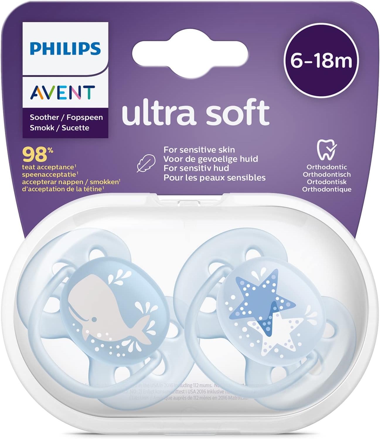 Philips Avent Lot de 2 sucettes ultra-douces sans BPA pour les bébés âgés de 6 à 18 mois,