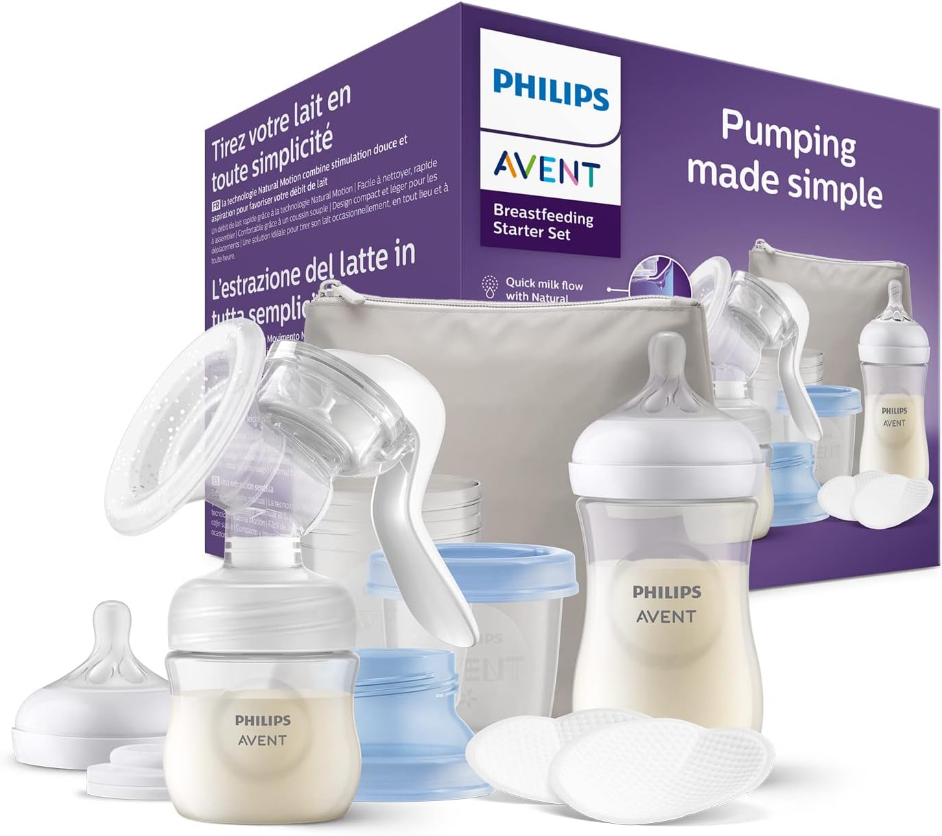 Philips Avent Kit spécial allaitement mixte - tire-lait manuel Natural Motion, biberons Natural sans BPA, coussinets d'allaitement, sac de transport isotherme, pots de conservation (modèle SCF430/16)