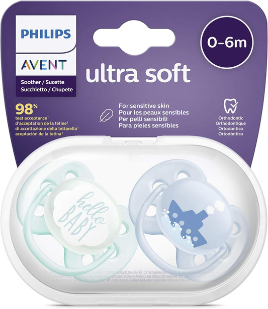 Philips Avent Lot de 2 sucettes ultra-douces sans BPA pour les bébés âgés de 0 à 6 mois,