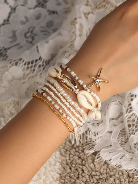 7pcs Tropical Bohemian Style Glass Beaded & Alloy Starfish & Shell Decor Bracelet Set